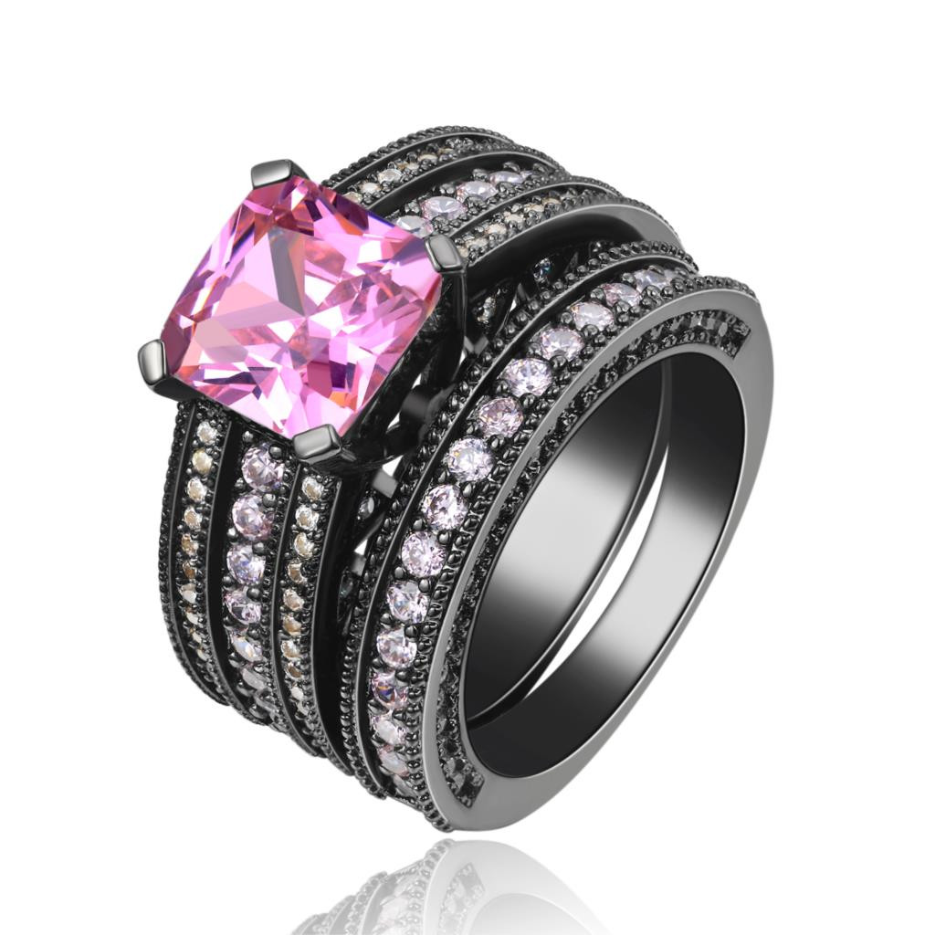 Black And Pink Wedding Ring Sets
 Black Gun Women Wedding Ring Sets Platinum Lady Jewelry
