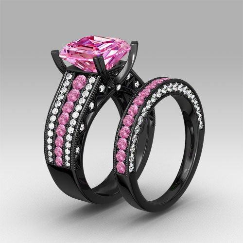Black And Pink Wedding Ring Sets
 Pink and White Cubic Zirconia Asscher Cut Engagement Ring