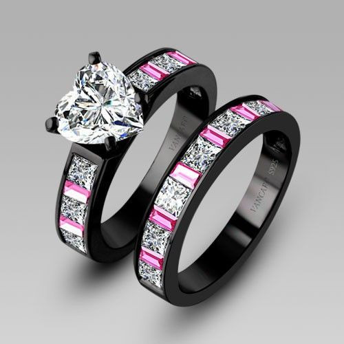 Black And Pink Wedding Ring Sets
 White Heart Cubic Zirconia Black Engagement Ring Wedding