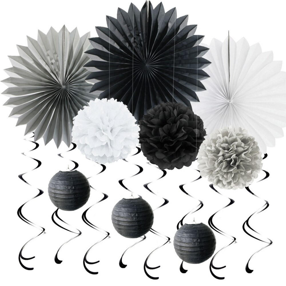 Black And White Birthday Decorations
 Black Grey White Paper Decoration Set Swirls Paper Fans