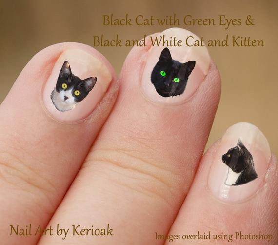 Black Cat Nail Art
 Cat Nail Art Stickers Black and white Kitten Portrait