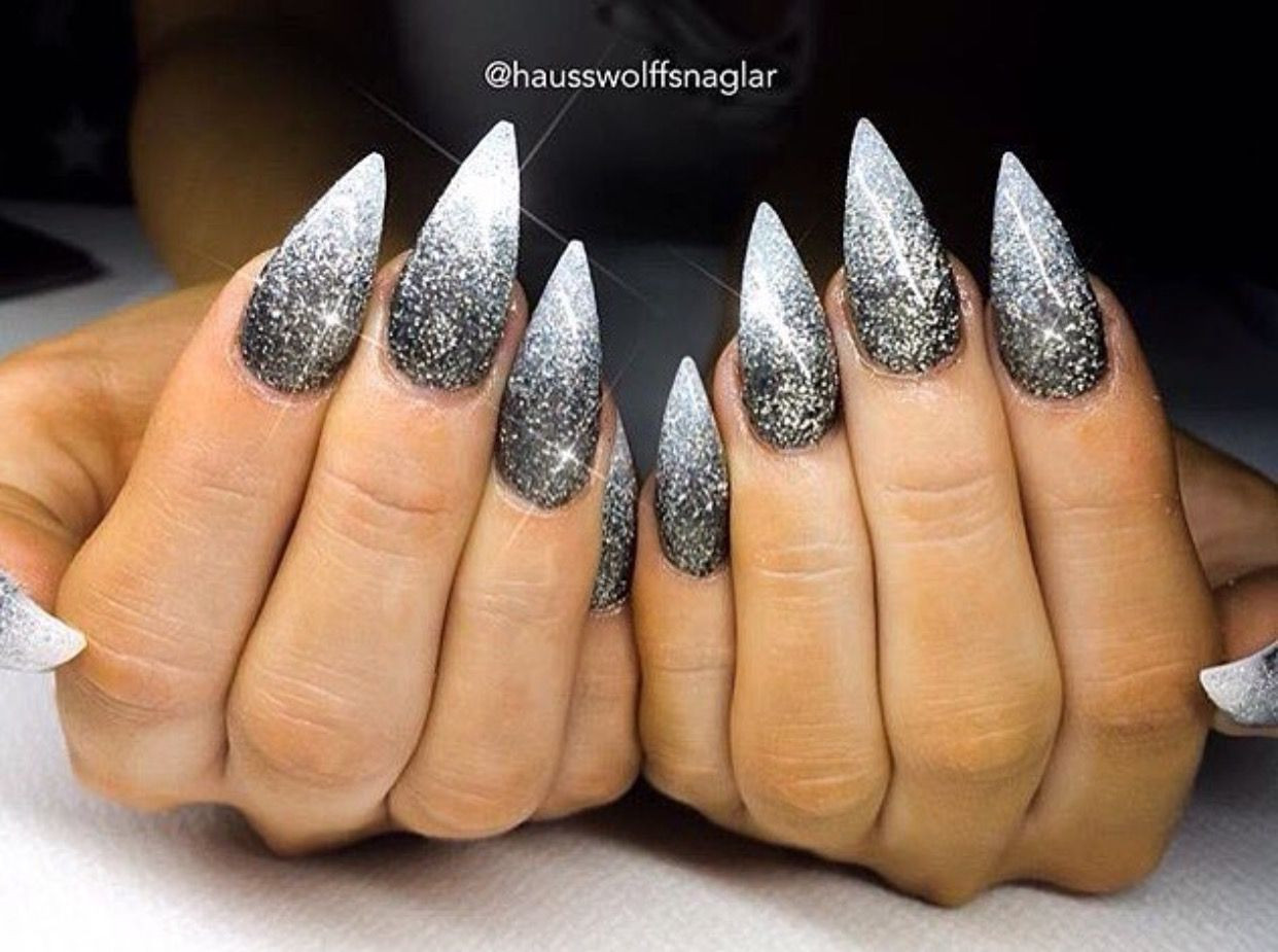 Black Glitter Stiletto Nails
 Black and white ombré glitter stiletto nails in 2019