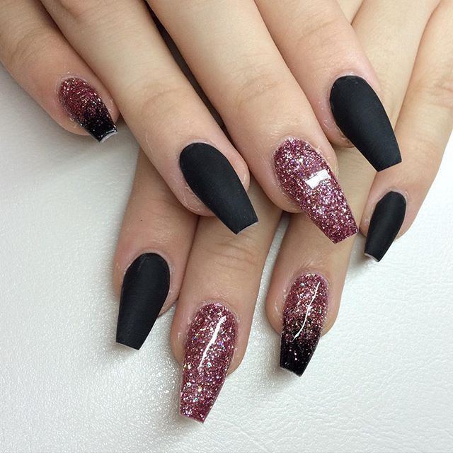 Black Nails With Glitter
 Pink glitter and matte black nails