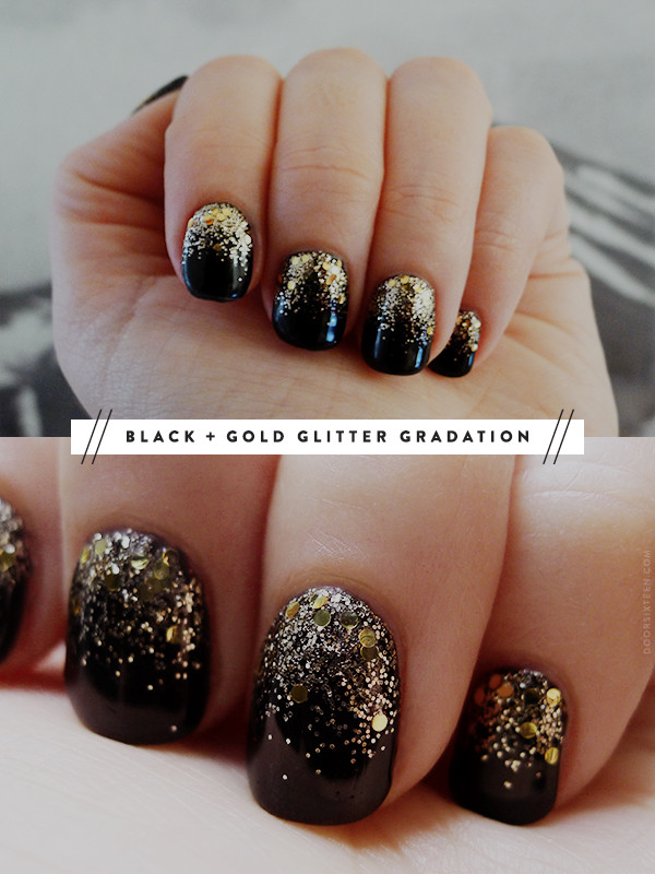 Black Nails With Gold Glitter
 New Years Eve Manicure