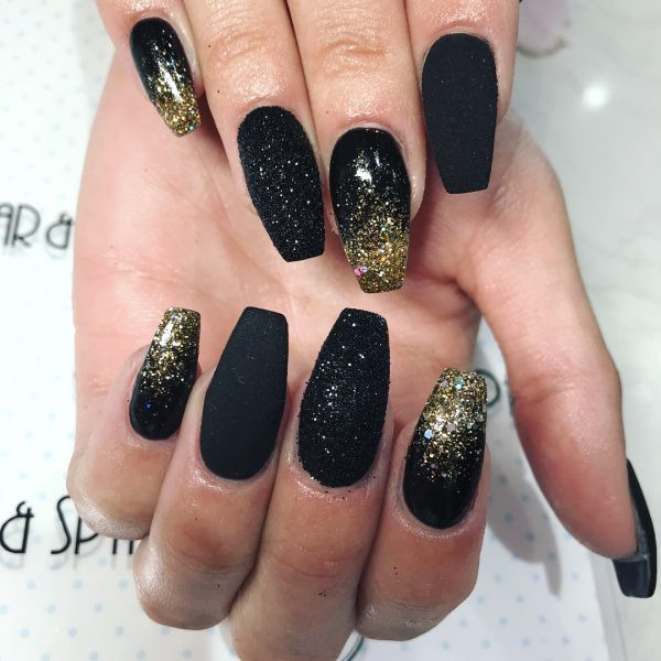 Black Nails With Gold Glitter
 The Best Coffin Nails Ideas That Suit Everyone