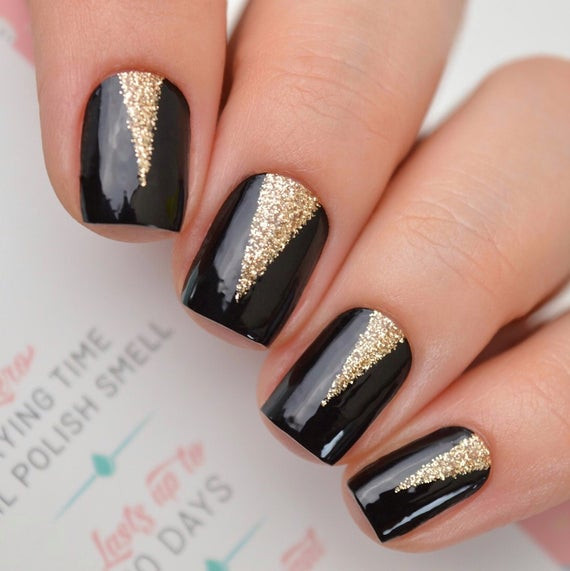 Black Nails With Gold Glitter
 Claws Black and Gold Glitter Nail Polish Wraps