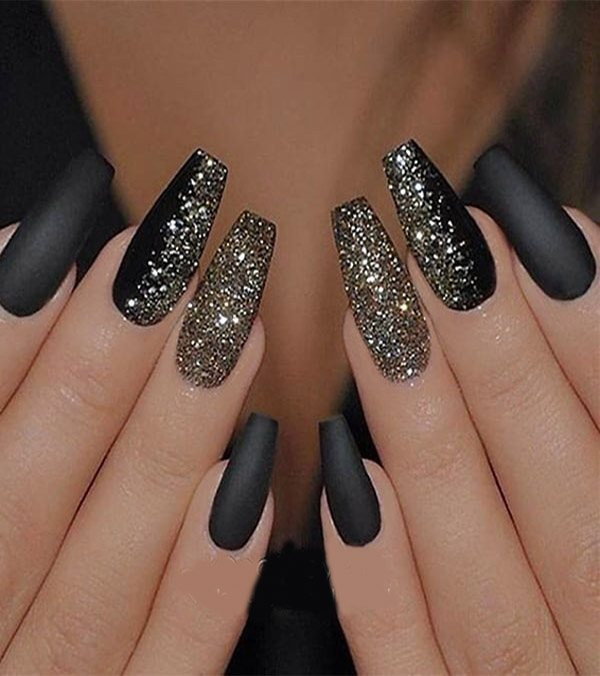 Black Nails With Gold Glitter
 Matte Black with Gold Glitter Nails Art In 2019