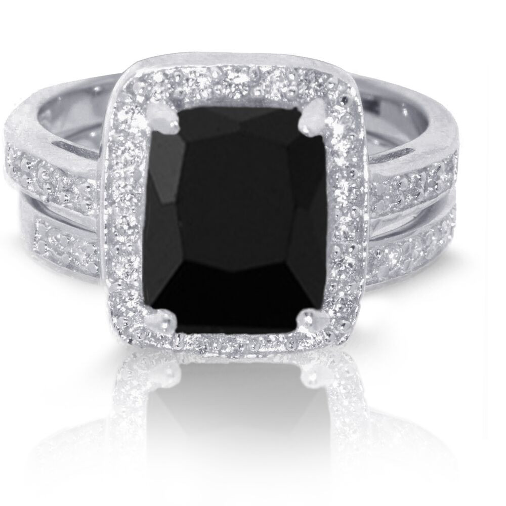 Black Onyx Wedding Ring Sets
 Emerald Cut Black yx Wedding Engagement Sterling