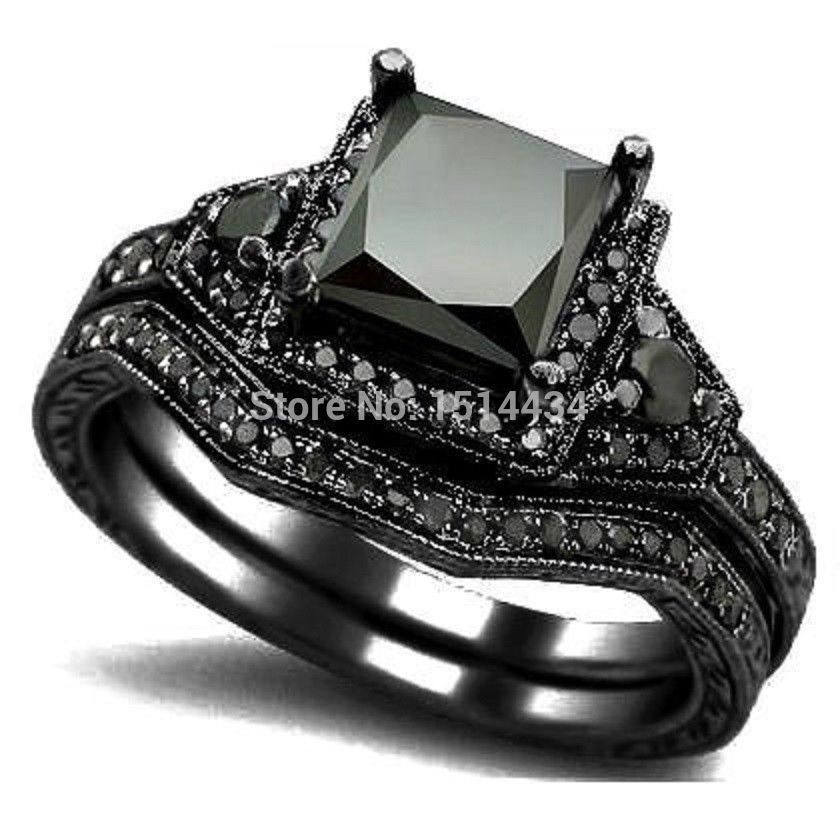 Black Onyx Wedding Ring Sets
 SZ 4 12 Black Rhodium Princess Cut yx Wedding Engagement