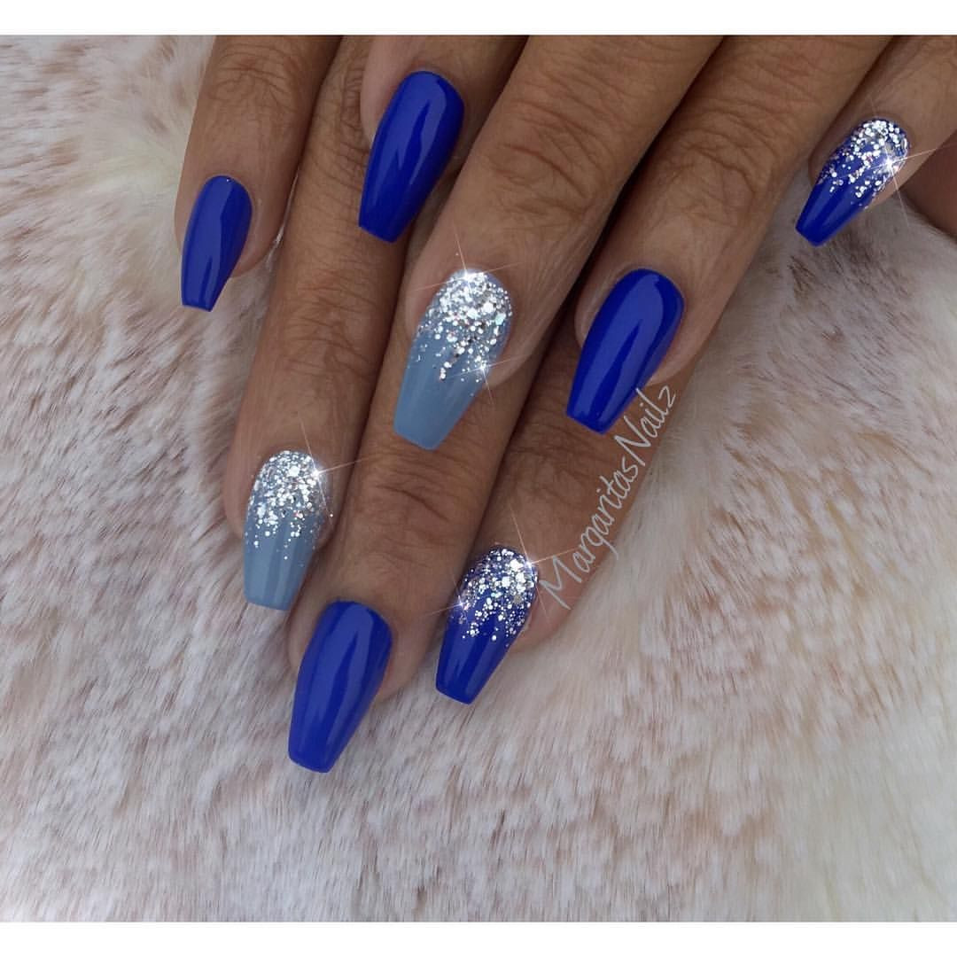 Blue And Silver Nail Designs
 Royal blue coffin nails by margaritasnailz silver glitter