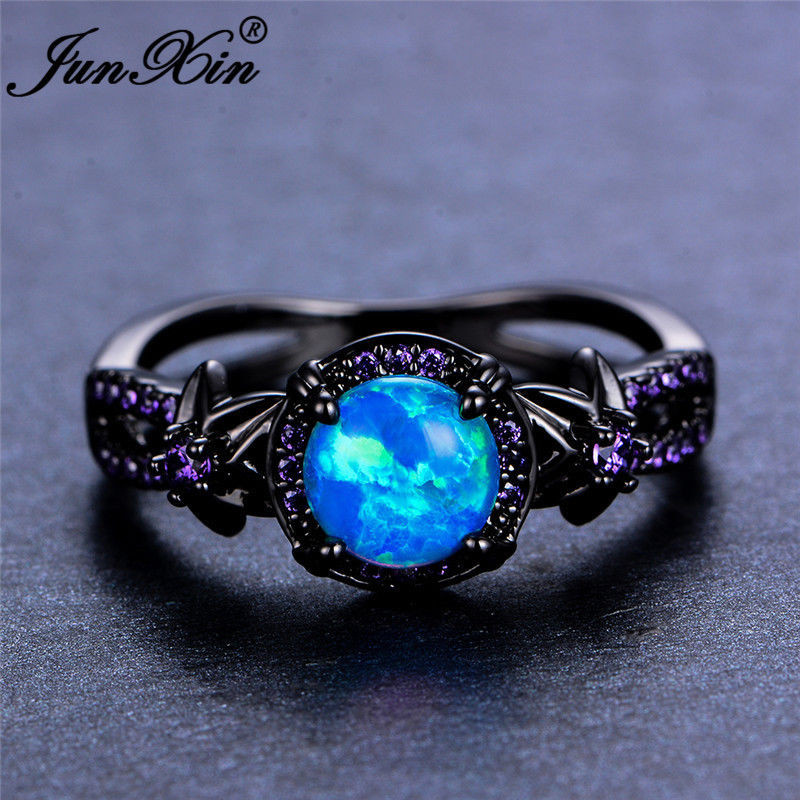 Blue Opal Wedding Rings
 Women Blue Fire Opal Star Flower Amethyst Ring Black Gold