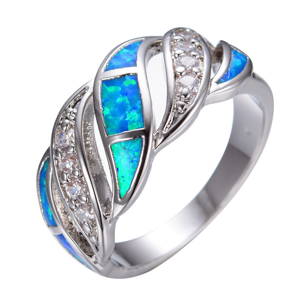 Blue Opal Wedding Rings
 Elegant Blue Fire Opal & CZ Wedding Band Ring Women 925