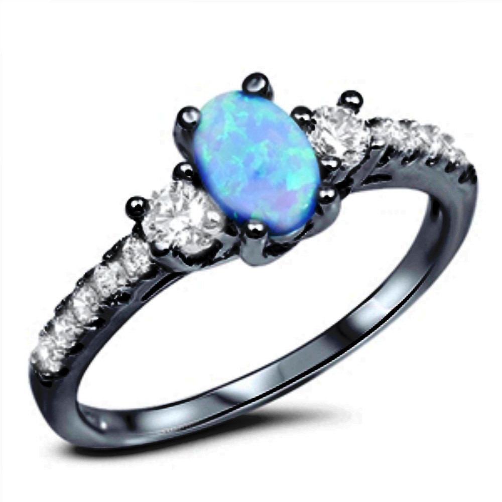Blue Opal Wedding Rings
 3 Stone Wedding Engagement Ring Sterling Silver Black Blue