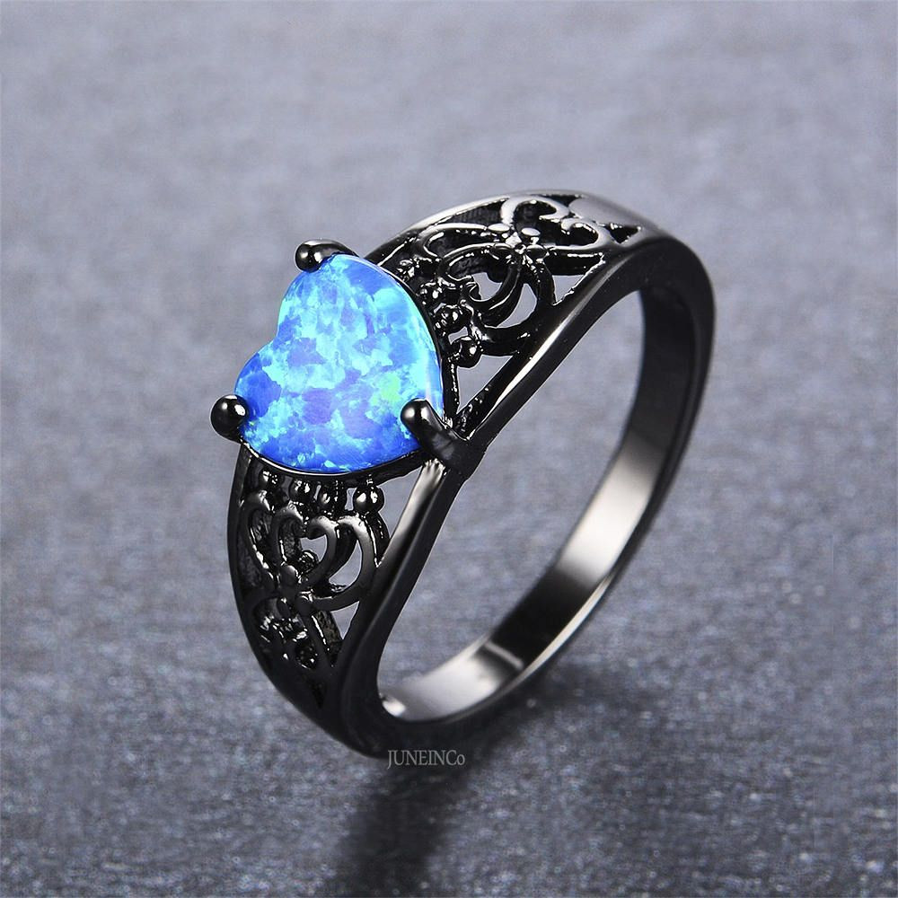 Blue Opal Wedding Rings
 Blue Opal Heart Ring Black Gold Ring Wedding Band