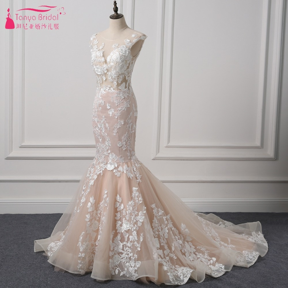 Blush Pink Wedding Gown
 2018 Spring Mermaid Wedding Dresses Blush Pink Lace Bridal