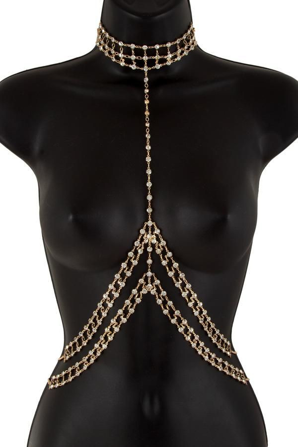 Body Jewelry Bathing Suit
 14" gold crystal choker necklace bra body chain bikini