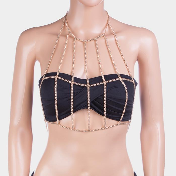 Body Jewelry Bathing Suit
 16" crystal cage bra body chain bikini swimsuit bathing