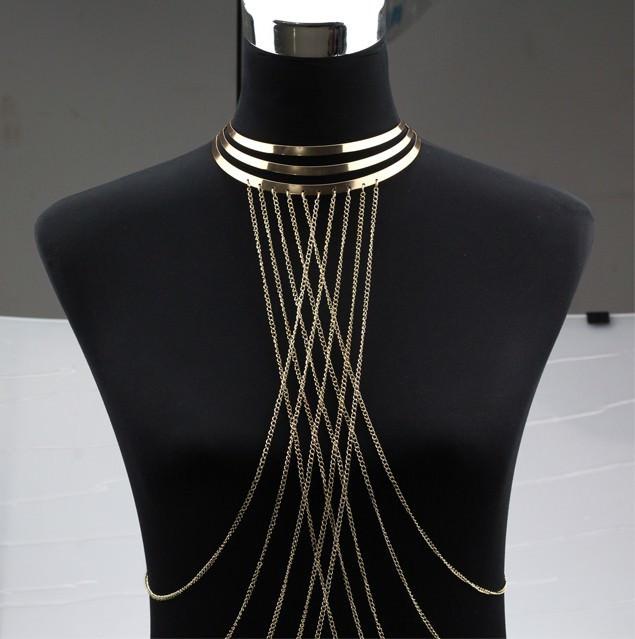 Body Jewelry Choker
 Gold Plated Choker Necklace With Long Body Chain Jewelry
