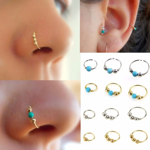 Body Jewelry Nose
 3Pcs Set Fashion Retro Round Beads Nose Ring Nostril Hoop