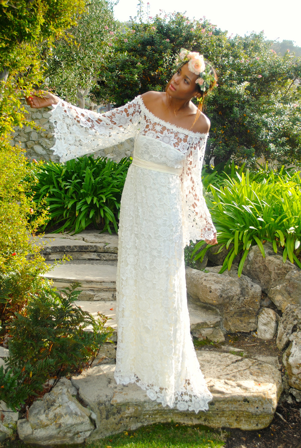 Bohemian Wedding Gown
 f Shoulder Boho Maxi Lace Dress