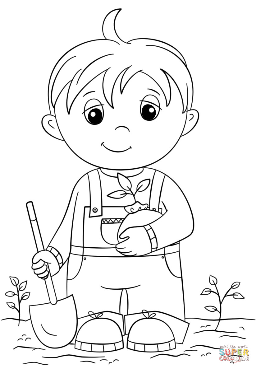 Boys Coloring Pages
 Cute Little Boy Holding Seedling coloring page
