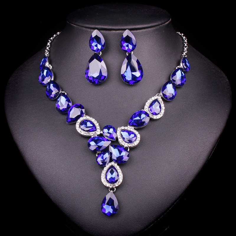 Bridal Party Jewelry Sets
 Luxury Silver Plated Blue Crystal Bridal Jewelry Sets for
