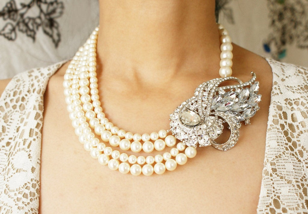 Bridal Statement Necklace
 Bridal statement necklace Rhinestone pearl wedding necklace