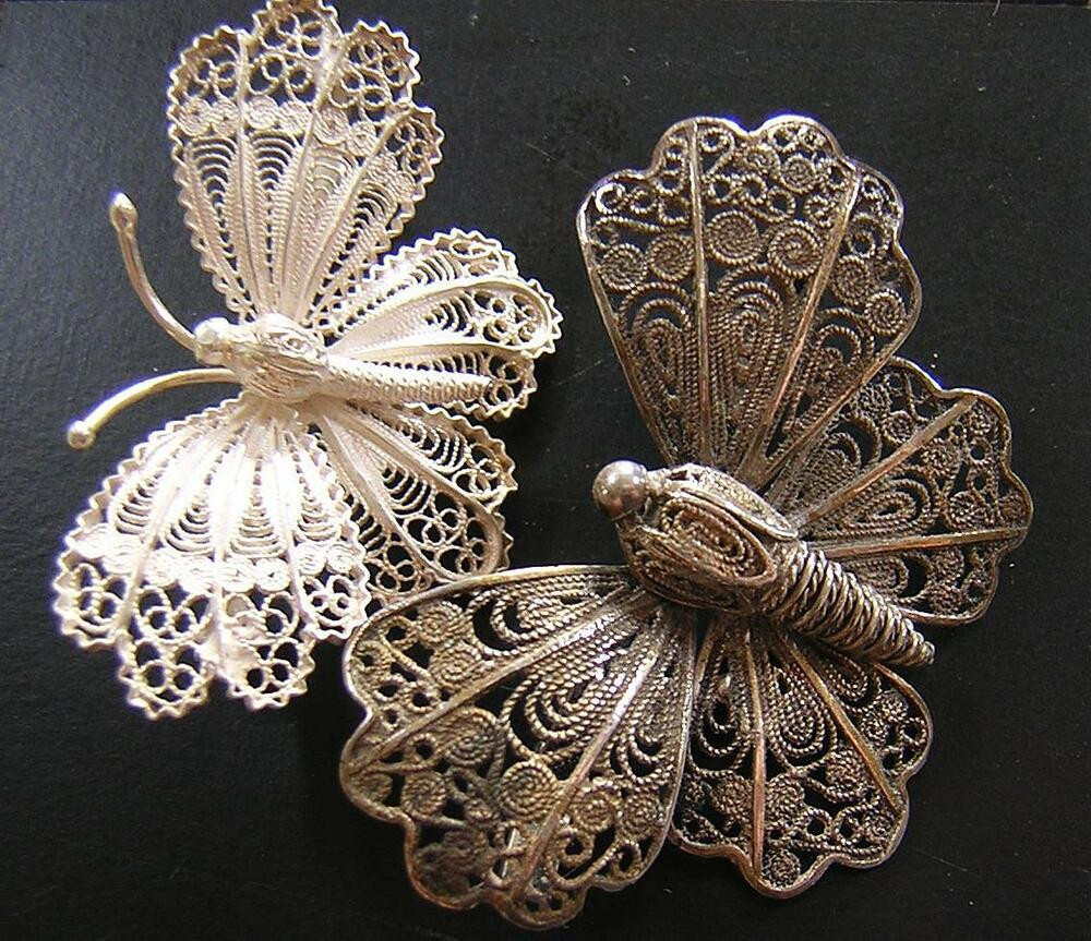 Brooches Antique
 2 BEAUTIFUL ANTIQUE & VINTAGE SILVER FILIGREE BUTTERFLY
