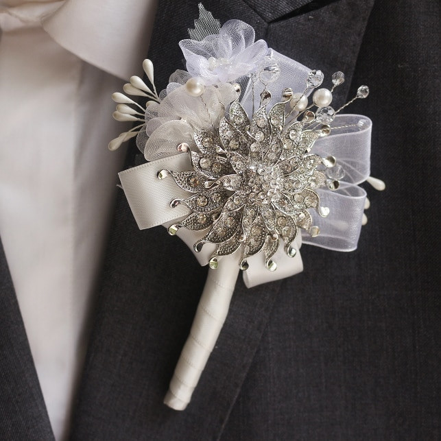 Brooches Boutonniere
 Handmade groom corsages bestman lapel flowers silver