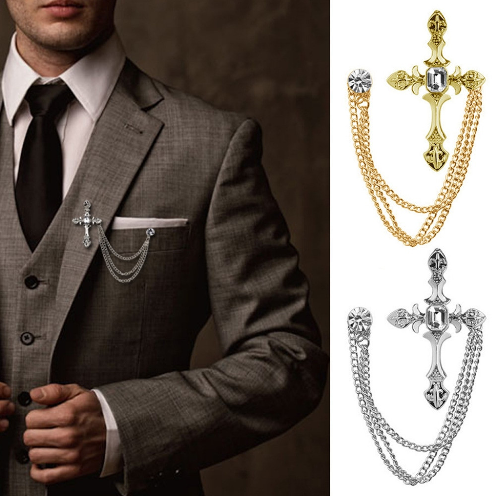Brooches For Men
 Men s Rhinestone Cross Chain Brooch Lapel Pin Shirt Suit