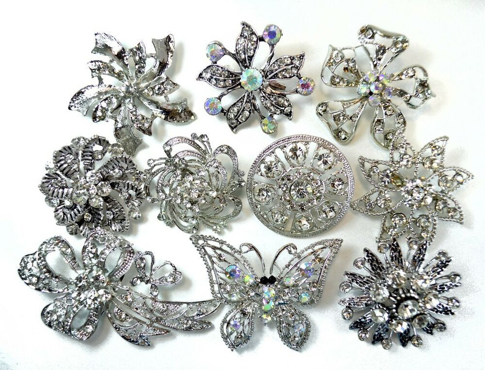 Brooches Silver
 6 Brooches WHOLESALE LOT Clear Bling Rhinestone Silver