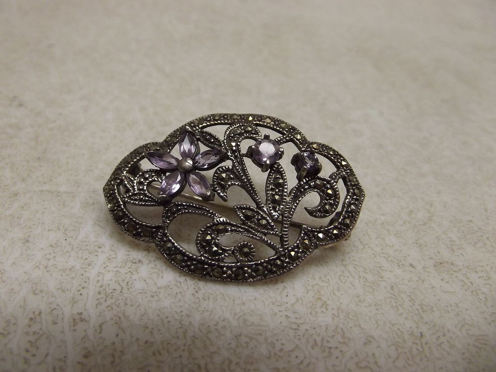Brooches Silver
 VINTAGE ART DECO 925 STERLING SILVER MARCASITE & AMETHYST