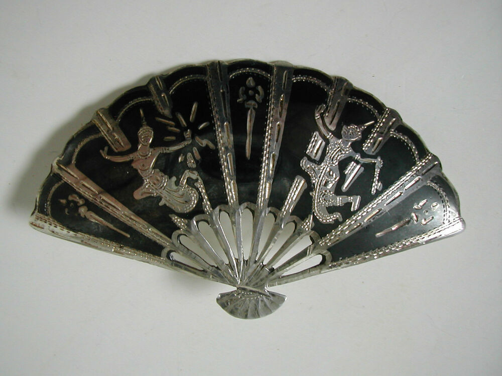 Brooches Silver
 VINTAGE STERLING SILVER NIELLO SIAM FAN SHAPED PIN