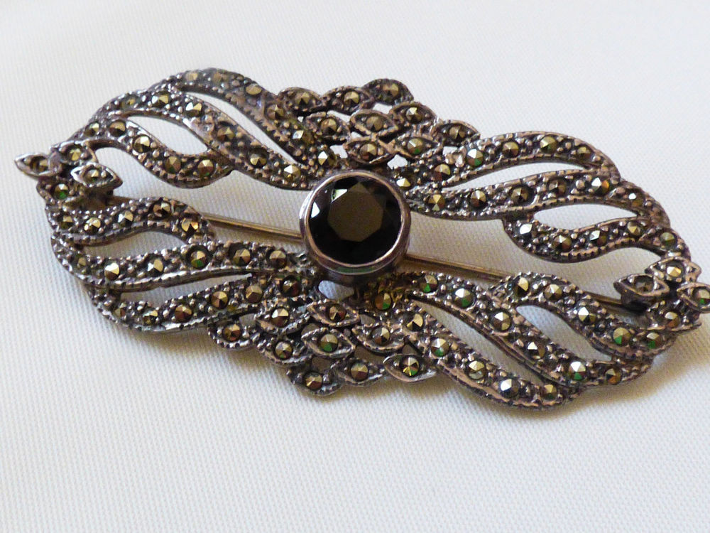 Brooches Silver
 ACPS Art Deco Style Sterling Silver Marcasite Black yx