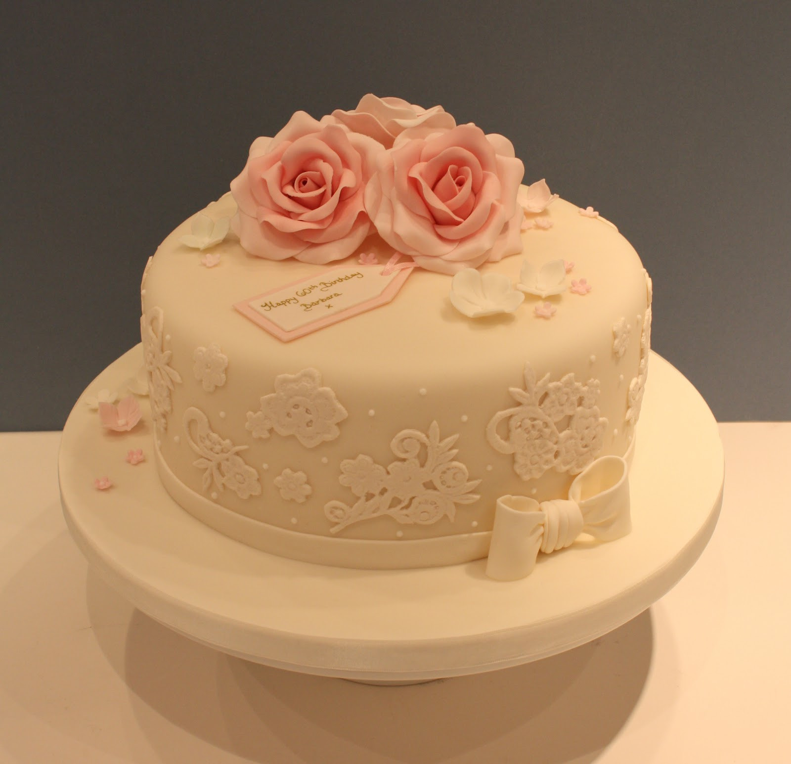 Cake For Birthday
 Tiers & Tiaras Elegant Lace & Roses Birthday Cake