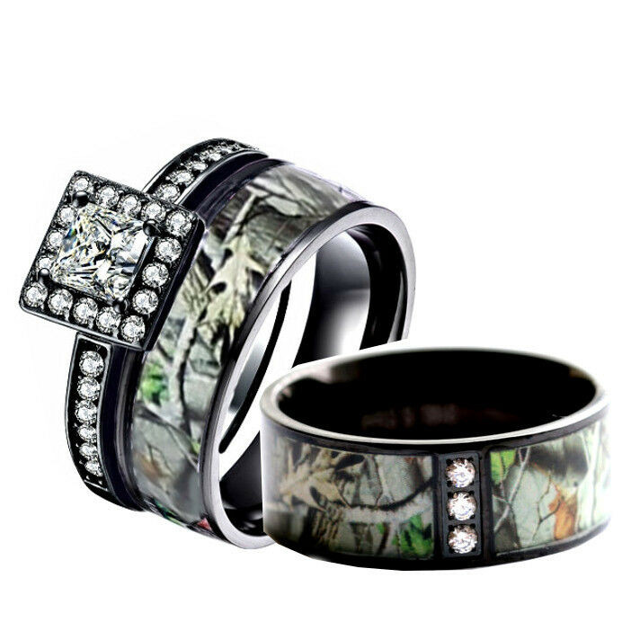 Camo Wedding Ring Set
 His & Her Black Sterling Silver Titanium Camo Stainless