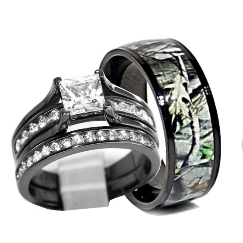 Camo Wedding Ring Set
 His and Hers 925 Sterling Silver Titanium Camo Wedding
