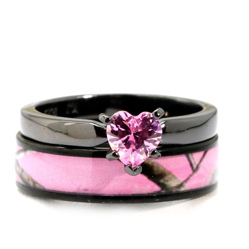 Camo Wedding Ring Set
 Black Plated Pink Heart CZ CAMO WEDDING RINGS Bridal