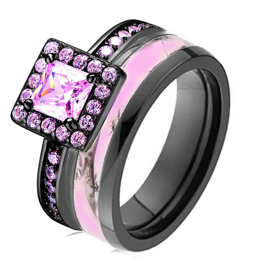Camo Wedding Ring Set
 Pink Camo Black 925 Sterling Silver & Titanium Engagement