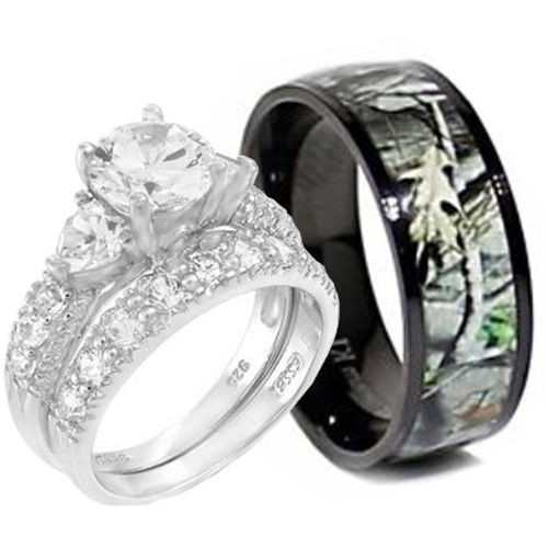 Camo Wedding Ring Sets
 His and Hers Titanium Camo 925 SILVER Heart Stone