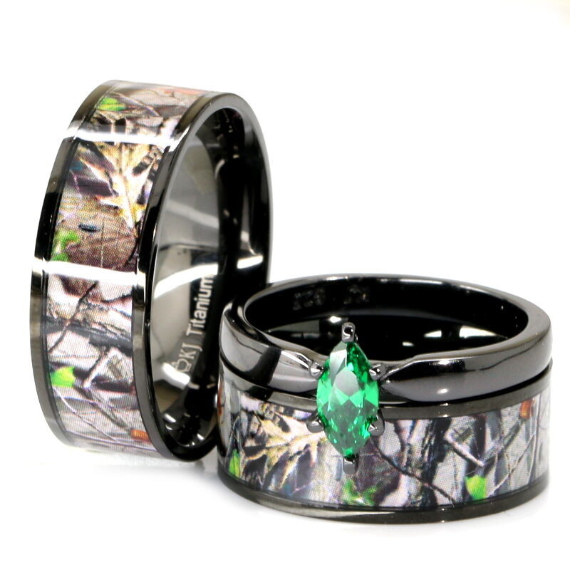 Camo Wedding Ring Sets
 His & Her Black Titanium Camo Marquise Stainless Steel