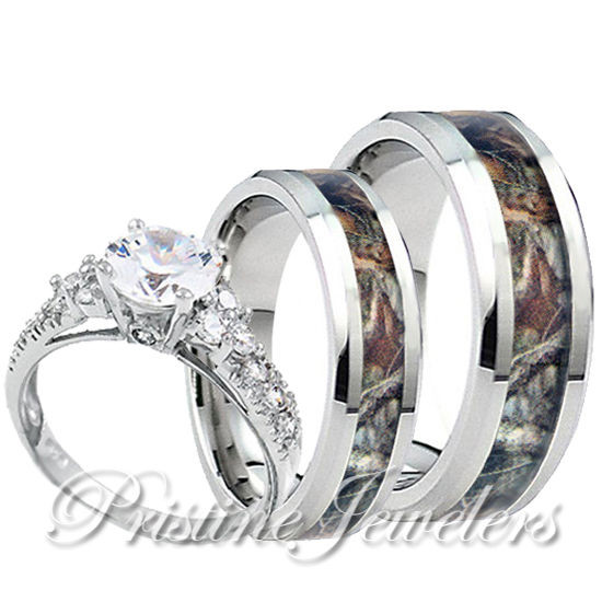 Camo Wedding Ring Sets
 Womens 925 Sterling Silver Ring Mens Titanium Mossy Forest