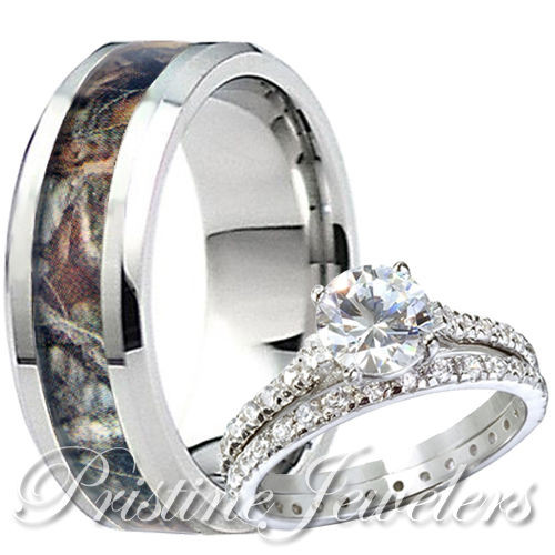 Camo Wedding Ring Sets
 3pc SET Womens Sterling Silver Ring & Mens Titanium Oak