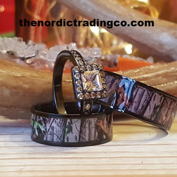 Camo Wedding Ring Sets With Real Diamonds
 His & Her s Camo Engagement Wedding Ring Set 2 Black