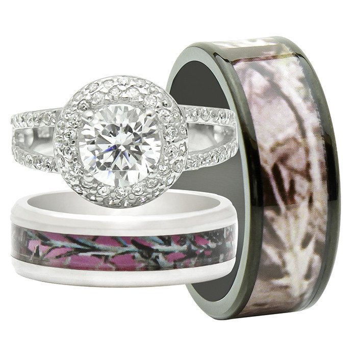 Camo Wedding Ring Sets With Real Diamonds
 His and Hers 3PCS Titanium Camo 925 Sterling Silver