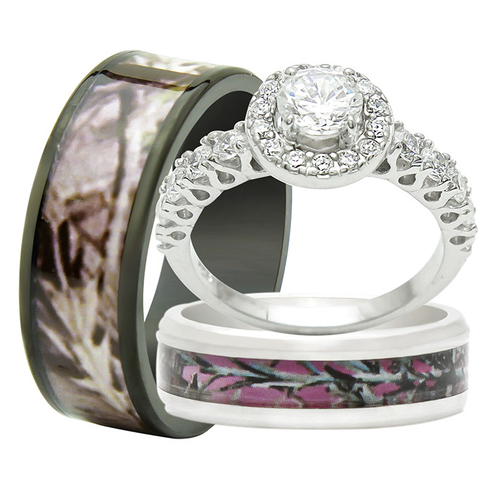 Camo Wedding Ring Sets With Real Diamonds
 His and Hers 3PCS Titanium Camo 925 Sterling Silver