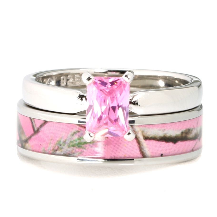 Camo Wedding Ring Sets With Real Diamonds
 Pink Camo Stainless Steel Band 925 Sterling Silver