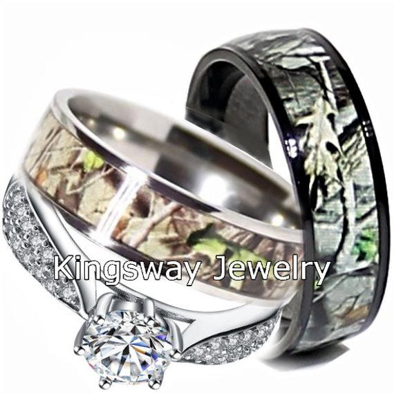 Camo Wedding Rings Sets
 Camo Wedding Ring Set for Him and Her Titanium Black IP