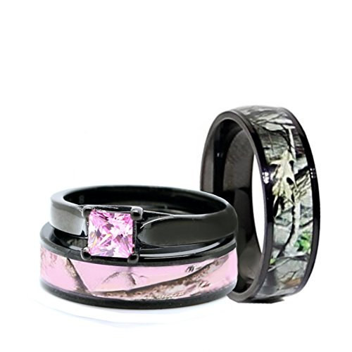 Camo Wedding Rings Sets
 His and Hers Camo Wedding Rings Set Black Plated Titanium and