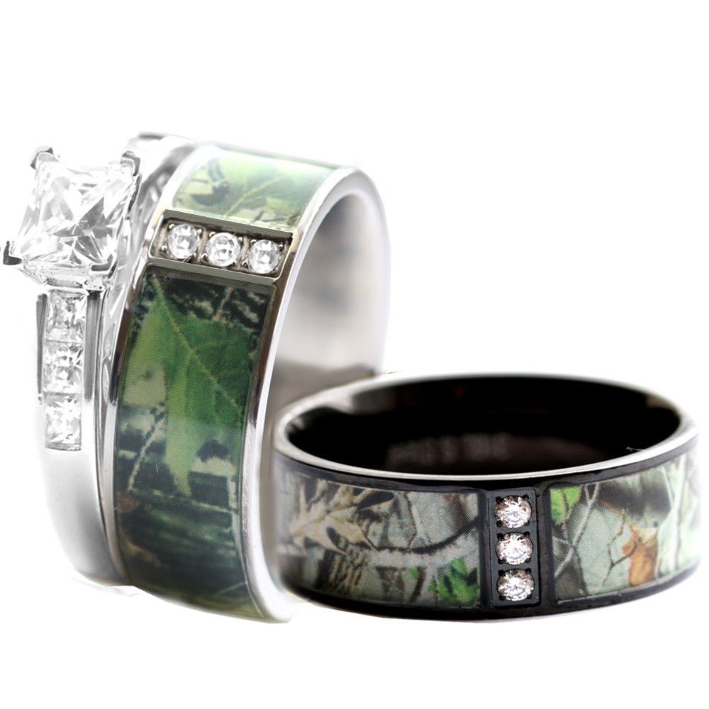 Camo Wedding Rings Sets
 His & Hers STAINLESS STEEL Camo 925 SILVER Engagement